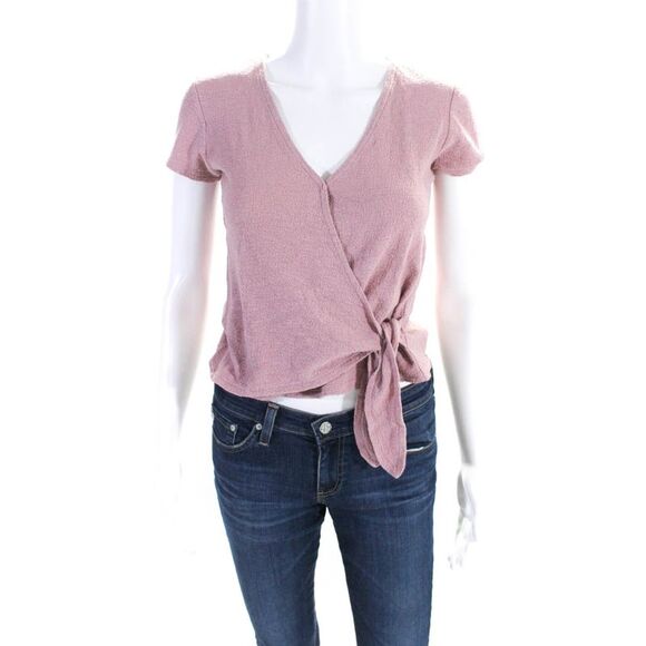 Madewell Women's V-Neck Short Sleeves Cotton Wrap Blouse Pink Size XXS - Picture 1 of 6